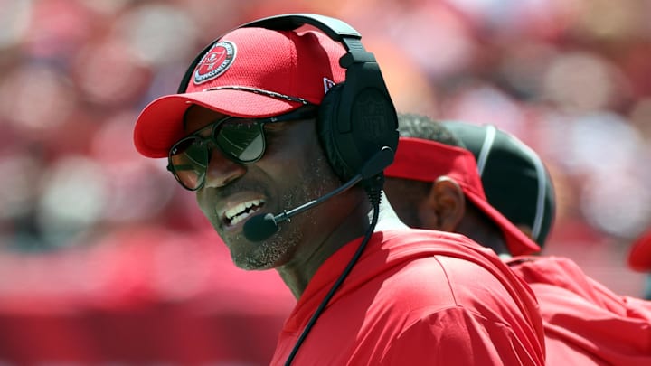 Sep 22, 2024; Tampa, Florida, USA; Tampa Bay Buccaneers head coach Todd Bowles looks on against the Denver Broncos during the first quarter at Raymond James Stadium. Mandatory Credit: Kim Klement Neitzel-Imagn Images