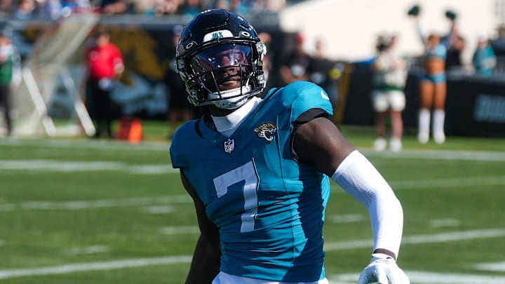 Jacksonville Jaguars wide receiver Brian Thomas Jr. (7) celebrates a touchdown in the first quarter during an NFL football game at EverBank Stadium, Sunday, Dec. 14, 2025, in Jacksonville, Fla. [Doug Engle/Florida Times-Union]