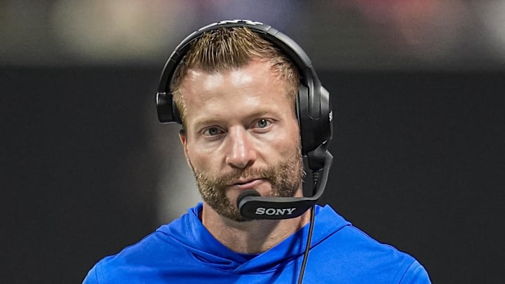Dec 29, 2025; Atlanta, Georgia, USA; Los Angeles Rams head coach Sean McVay reacts on the sidelines during the game against the Atlanta Falcons at Mercedes-Benz Stadium. Mandatory Credit: Dale Zanine-Imagn Images