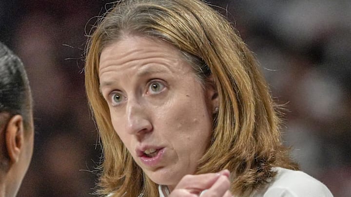 University of Southern California Head Coach Lindsay Gottlieb talks to a referee after one of her players was called for a travel playing South Carolina Monday, March 23, 2026, during the third quarter NCAA Women's Basketball Tournament at Colonial Life Arena in Columbia, South Carolina.