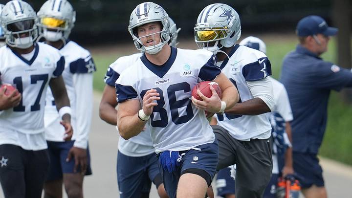 Dallas Cowboys TE Luke Schoonmaker goes through a drill during practice at the Ford Center at the Star Training Facility. Dallas Cowboys TE Luke Schoonmaker goes through a drill during practice at the Ford Center at the Star Training Facility.