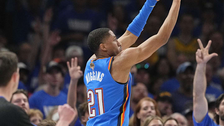 Jun 8, 2025; Oklahoma City, Oklahoma, USA; Oklahoma City Thunder guard Aaron Wiggins (21) shoots the ball against the Indiana Pacers during the first half in Game 2 of the 2025 NBA Finals at Paycom Center. Mandatory Credit: Kyle Terada-Imagn Images