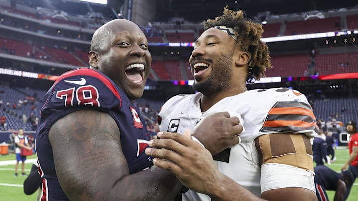 Dec 4, 2022; Houston, Texas, USA; Houston Texans offensive tackle Laremy Tunsil (78) and Cleveland Browns defensive end Myles Garrett (95) smile on the field after the game at NRG Stadium. Mandatory Credit: Troy Taormina-Imagn Images Dec 4, 2022; Houston, Texas, USA; Houston Texans offensive tackle Laremy Tunsil (78) and Cleveland Browns defensive end Myles Garrett (95) smile on the field after the game at NRG Stadium. Mandatory Credit: Troy Taormina-Imagn Images