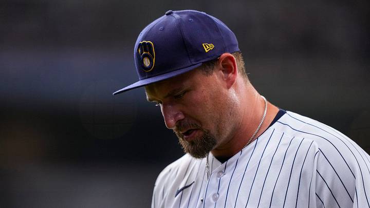 Jun 28, 2026; Milwaukee, Wisconsin, USA; Milwaukee Brewers pitcher Joel Kuhnel (59) hangs his head following the tenth inning against the Chicago Cubs at American Family Field. Mandatory Credit: Jeff Hanisch-Imagn Images Jun 28, 2026; Milwaukee, Wisconsin, USA; Milwaukee Brewers pitcher Joel Kuhnel (59) hangs his head following the tenth inning against the Chicago Cubs at American Family Field. Mandatory Credit: Jeff Hanisch-Imagn Images