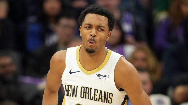 Apr 3, 2026; Sacramento, California, USA; New Orleans Pelicans forward Trey Murphy III (25) reacts after dunking against the Sacramento Kings during the third quarter at Golden 1 Center. Mandatory Credit: Darren Yamashita-Imagn Images