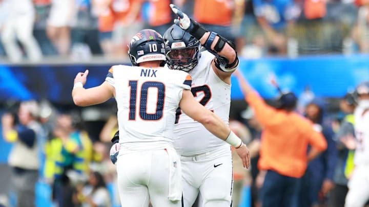 Sep 21, 2025; Inglewood, California, USA; Denver Broncos offensive tackle Garett Bolles (72) and Denver Broncos quarterback Bo Nix (10) react afte4r a play during the first half against the Los Angeles Chargers at SoFi Stadium. Sep 21, 2025; Inglewood, California, USA; Denver Broncos offensive tackle Garett Bolles (72) and Denver Broncos quarterback Bo Nix (10) react afte4r a play during the first half against the Los Angeles Chargers at SoFi Stadium.