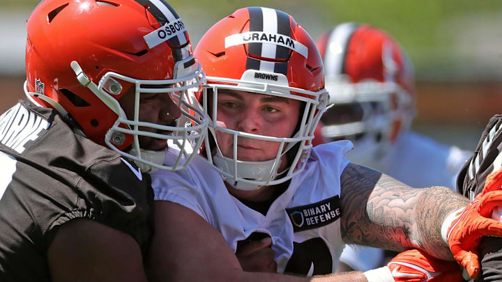 Cleveland Browns defensive tackle Mason Graham (94) tries to squeeze around center Justin Osborne during NFL rookie minicamp at the Cleveland Browns training facility on Friday, May 9, 2025, in Berea, Ohio. Cleveland Browns defensive tackle Mason Graham (94) tries to squeeze around center Justin Osborne during NFL rookie minicamp at the Cleveland Browns training facility on Friday, May 9, 2025, in Berea, Ohio.