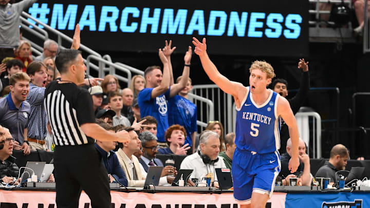 Mar 22, 2026; St. Louis, MO, USA; Kentucky Wildcats guard Collin Chandler (5) celebrates after a play during the first half against the Iowa State Cyclones during a second round game of the men's 2026 NCAA Tournament at Enterprise Center. Mandatory Credit: Jeff Curry-Imagn Images Mar 22, 2026; St. Louis, MO, USA; Kentucky Wildcats guard Collin Chandler (5) celebrates after a play during the first half against the Iowa State Cyclones during a second round game of the men's 2026 NCAA Tournament at Enterprise Center. Mandatory Credit: Jeff Curry-Imagn Images