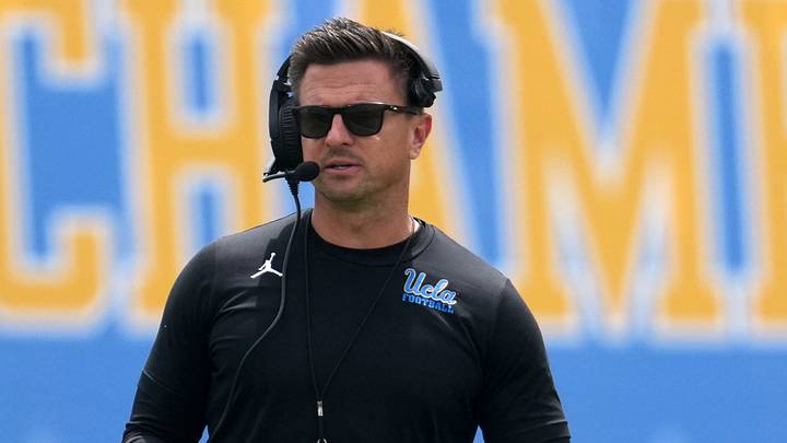 May 2, 2026; Pasadena, CA, USA; UCLA Bruins coach Bob Chesney reacts during the spring game at Rose Bowl. Mandatory Credit: Kirby Lee-Imagn Images