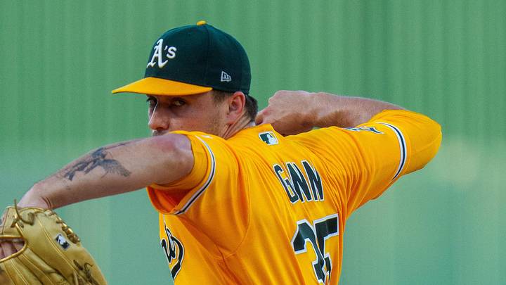 May 30, 2026; West Sacramento, California, USA; Athletics starting pitcher J.T. Ginn (35) delivers a pitch against the New York Yankees during the first inning at Sutter Health Park. Mandatory Credit: Neville E. Guard-Imagn Images
