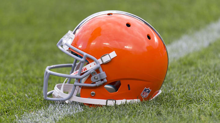Aug 16, 2012; Green Bay, WI, USA; A Cleveland Browns helmet sits on the field during warmups prior to the game against the Green Bay Packers at Lambeau Field.  The Browns defeated the Packers 35-10.  Mandatory Credit: Jeff Hanisch-Imagn Images