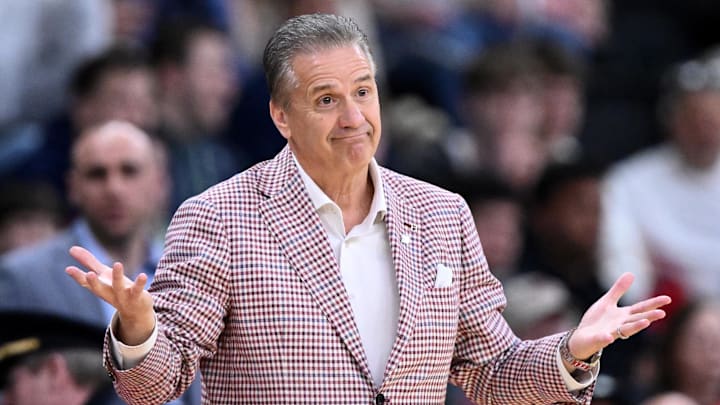Mar 22, 2025; Providence, RI, USA; Arkansas Razorbacks head coach John Calipari during the first half of a second round men’s NCAA Tournament game against the St. John's Red Storm at Amica Mutual Pavilion. Mandatory Credit: Brian Fluharty-Imagn Images