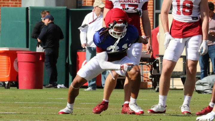 Oklahoma defensive back Jeremiah Newcombe works during a drill at one of the Sooners' spring practices. Oklahoma defensive back Jeremiah Newcombe works during a drill at one of the Sooners' spring practices.