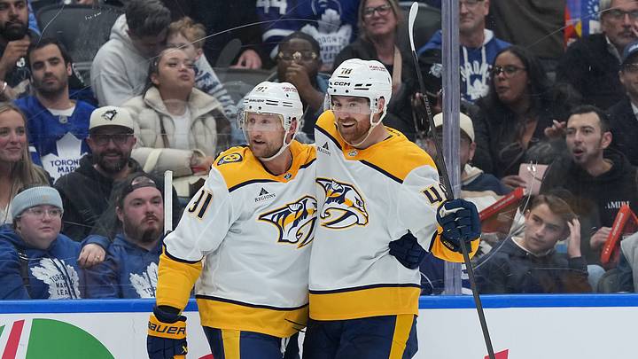 Oct 6, 2026; Toronto, Ontario, CAN; Nashville Predators center Steven Stamkos (91) scores a goal and celebrates with defenseman Nick Perbix (48) against the Toronto Maple Leafs during the second period at Scotiabank Arena. Mandatory Credit: Nick Turchiaro-Imagn Images Oct 6, 2026; Toronto, Ontario, CAN; Nashville Predators center Steven Stamkos (91) scores a goal and celebrates with defenseman Nick Perbix (48) against the Toronto Maple Leafs during the second period at Scotiabank Arena. Mandatory Credit: Nick Turchiaro-Imagn Images
