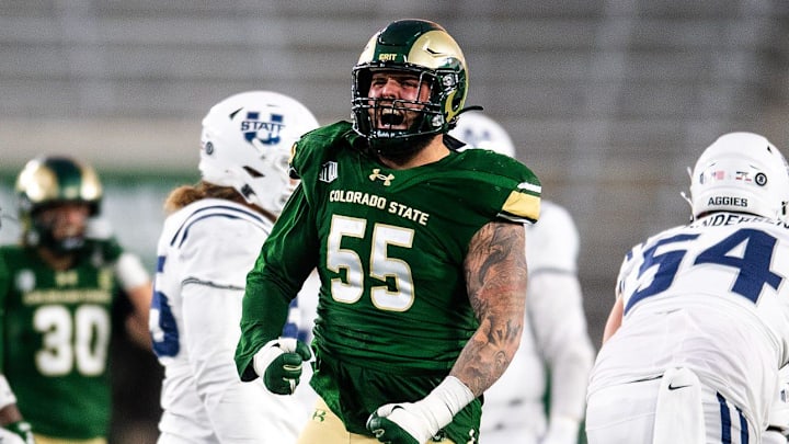 Colorado State's Andrew Laurich reacts to a big play during a home game against Utah State on Friday, Nov. 29, 2024 in Fort Collins, Colo. Colorado State's Andrew Laurich reacts to a big play during a home game against Utah State on Friday, Nov. 29, 2024 in Fort Collins, Colo.