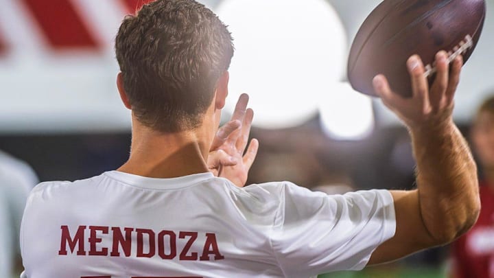 Fernando Mendoza participates in Indiana University's Pro Day at Mellencamp Pavilion on Wednesday, April 1, 2026.