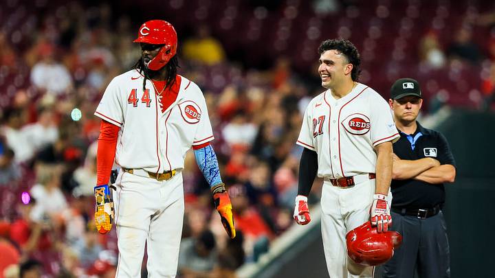 Sep 1, 2026; Cincinnati, Ohio, USA; Cincinnati Reds designated hitter Elly De La Cruz (44) and first baseman Sal Stewart (27) stand on the field during a stop in play in the eighth inning against the San Diego Padres at Great American Ball Park. Mandatory Credit: Katie Stratman-Imagn Images Sep 1, 2026; Cincinnati, Ohio, USA; Cincinnati Reds designated hitter Elly De La Cruz (44) and first baseman Sal Stewart (27) stand on the field during a stop in play in the eighth inning against the San Diego Padres at Great American Ball Park. Mandatory Credit: Katie Stratman-Imagn Images