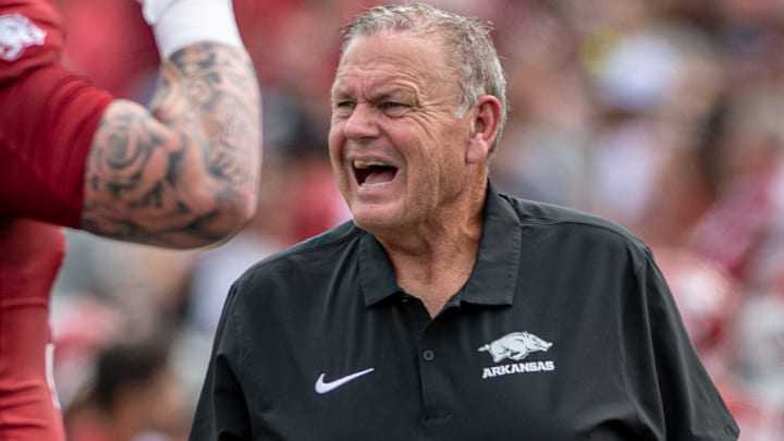 Arkansas Razorbacks coach Sam Pittman on the sidelines against Arkansas State at War Memorial Stadium in Little Rock, Ark.