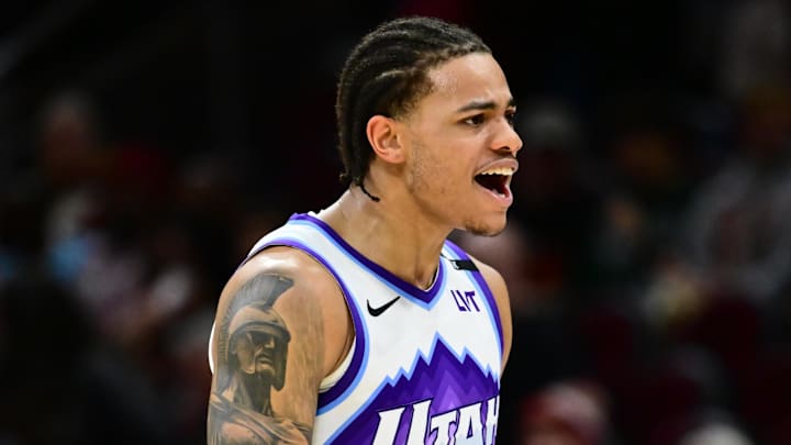 Jan 12, 2026; Cleveland, Ohio, USA; Utah Jazz guard Keyonte George (3) reacts after the game against the Cleveland Cavaliers at Rocket Arena. Mandatory Credit: Ken Blaze-Imagn Images Jan 12, 2026; Cleveland, Ohio, USA; Utah Jazz guard Keyonte George (3) reacts after the game against the Cleveland Cavaliers at Rocket Arena. Mandatory Credit: Ken Blaze-Imagn Images