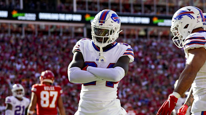 Oct 16, 2022; Kansas City, Missouri, USA; Buffalo Bills cornerback Kaiir Elam (24) celebrates with linebacker Matt Milano (58) and cornerback Dane Jackson (30) after an interception against the Kansas City Chiefs during the first half at GEHA Field at Arrowhead Stadium. Mandatory Credit: Jay Biggerstaff-Imagn Images