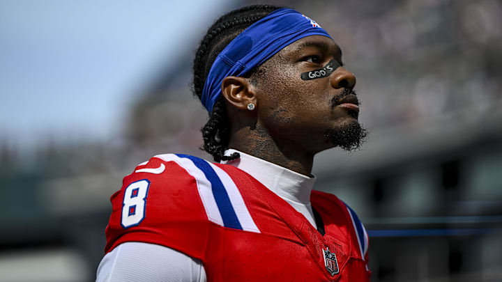 Sep 21, 2025; Foxborough, Massachusetts, USA; New England Patriots wide receiver Stefon Diggs (8) before the game against the Pittsburgh Steelers at Gillette Stadium. Mandatory Credit: Brian Fluharty-Imagn Images