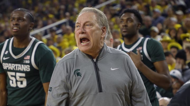 Feb 21, 2025; Ann Arbor, Michigan, USA; Michigan State Spartans head coach Tom Izzo looks on during the second half at Crisler Center. Mandatory Credit: Brian Bradshaw Sevald-Imagn Images
