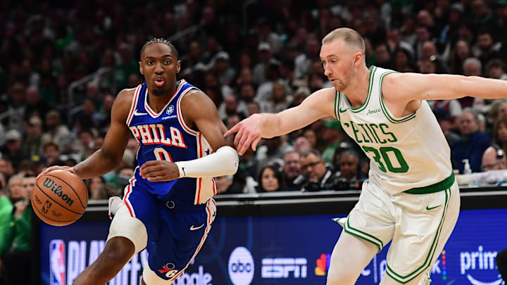Apr 19, 2026; Boston, Massachusetts, USA; Philadelphia 76ers guard Tyrese Maxey (0) controls the ball while Boston Celtics forward Sam Hauser (30) defends in the first half during game one of the first round of the 2026 NBA Playoffs at TD Garden. Mandatory Credit: Bob DeChiara-Imagn Images