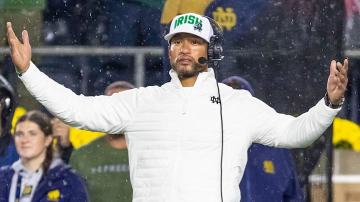 Notre Dame Fighting Irish head coach Marcus Freeman against the Southern California Trojans at Notre Dame Stadium. 