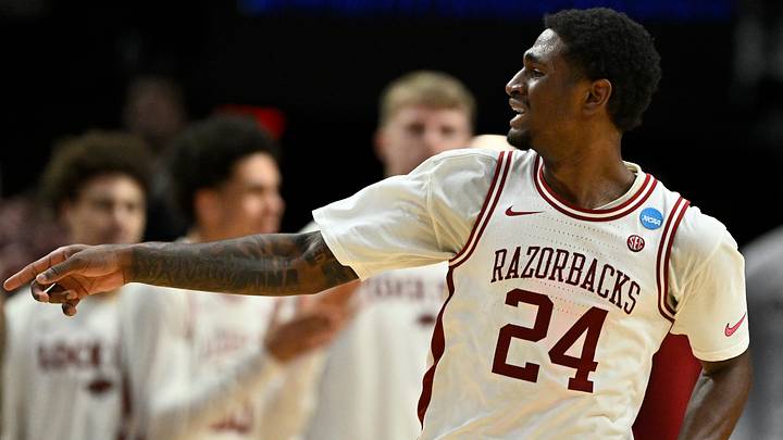 Arkansas Razorbacks forward Billy Richmond III (24) reacts after a play in the second half against the High Point Panthers during a second round game of the men's 2026 NCAA Tournament at Moda Center. Arkansas Razorbacks forward Billy Richmond III (24) reacts after a play in the second half against the High Point Panthers during a second round game of the men's 2026 NCAA Tournament at Moda Center.