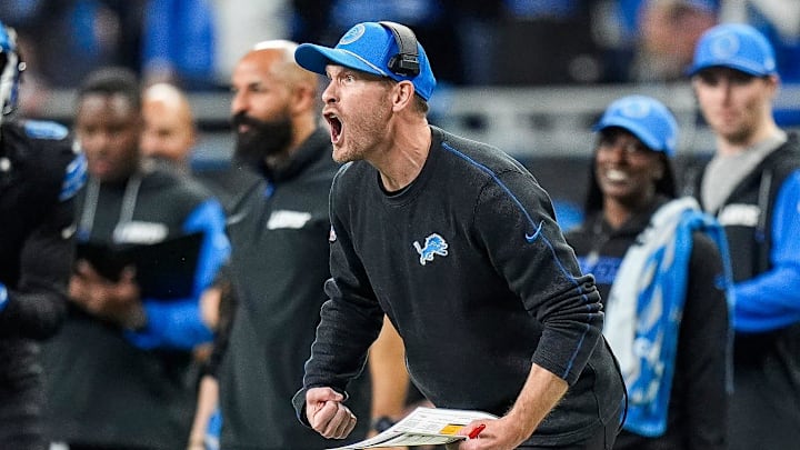 Detroit Lions offensive coordinator Ben Johnson celebrates a play against Minnesota Vikings during the second half at Ford Field in Detroit on Sunday, Jan. 5, 2025. Detroit Lions offensive coordinator Ben Johnson celebrates a play against Minnesota Vikings during the second half at Ford Field in Detroit on Sunday, Jan. 5, 2025.