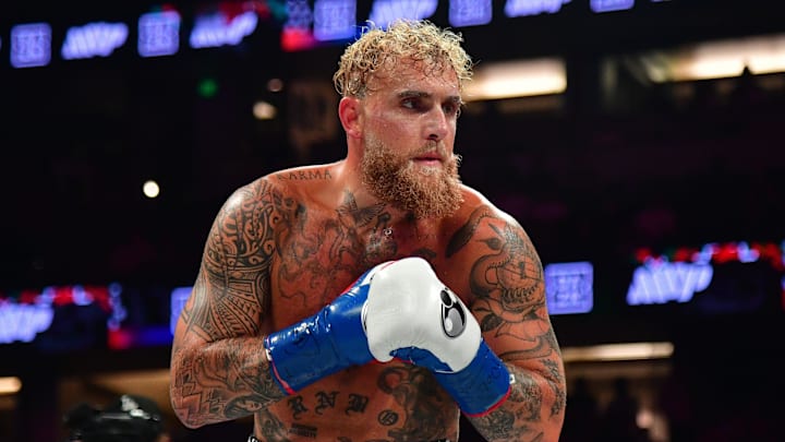 Jun 28, 2025; Anaheim, California, USA; Jake Paul fights against Julio Cesar Chavez Jr. at Honda Center. Mandatory Credit: Gary A. Vasquez-Imagn Images