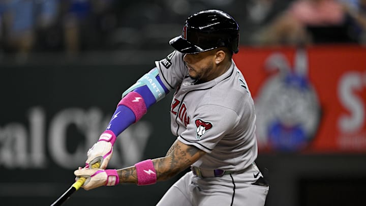 Aug 11, 2025; Arlington, Texas, USA; Arizona Diamondbacks second baseman Ketel Marte (4) bats against the Texas Rangers during the sixth inning at Globe Life Field. Mandatory Credit: Jerome Miron-Imagn Images Aug 11, 2025; Arlington, Texas, USA; Arizona Diamondbacks second baseman Ketel Marte (4) bats against the Texas Rangers during the sixth inning at Globe Life Field. Mandatory Credit: Jerome Miron-Imagn Images