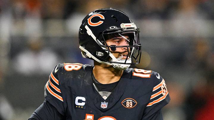 Oct 22, 2026; Chicago, Illinois, USA; Chicago Bears quarterback Caleb Williams (18) looks to pass against the New England Patriots during the fourth quarter at Soldier Field. Mandatory Credit: Patrick Gorski-Imagn Images