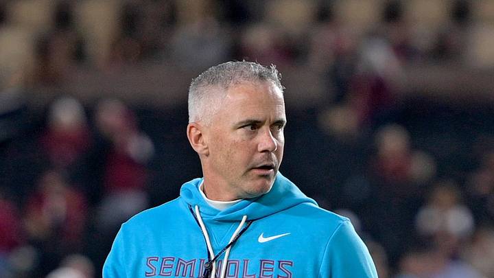 Nov 1, 2025; Tallahassee, Florida, USA; Florida State Seminoles head coach Mike Norvell walks on the field before the game against the Wake Forest Demon Deacons at Doak S. Campbell Stadium. Mandatory Credit: Melina Myers-Imagn Images