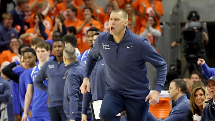 Feb 21, 2026; Auburn, Alabama, USA;  Kentucky Wildcats head coach Mark Pope reacts after his team was called for a foul during the second half against the Auburn Tigers at Neville Arena. Mandatory Credit: John Reed-Imagn Images