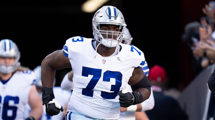 Dallas Cowboys offensive tackle Tyler Smith before the game against the San Francisco 49ers at Levi's Stadium. Dallas Cowboys offensive tackle Tyler Smith before the game against the San Francisco 49ers at Levi's Stadium.