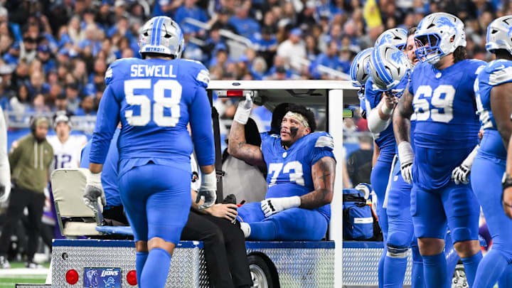 Nov 2, 2025; Detroit, Michigan, USA; Detroit Lions offensive lineman Christian Mahogany (73) is carted out of the field in the fourth quarter against the Minnesota Vikings at Ford Field. Mandatory Credit: Lon Horwedel-Imagn Images Nov 2, 2025; Detroit, Michigan, USA; Detroit Lions offensive lineman Christian Mahogany (73) is carted out of the field in the fourth quarter against the Minnesota Vikings at Ford Field. Mandatory Credit: Lon Horwedel-Imagn Images