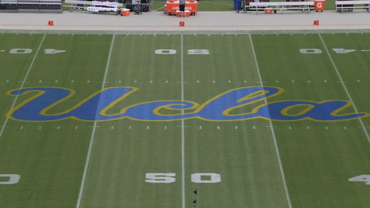 Sep 3, 2017; Pasadena, CA, USA; General overall view of the UCLA Bruins logo at midfield during a NCAA football game between the Texas A&M Aggies and the UCLA Bruinsat Rose Bowl. Mandatory Credit: Kirby Lee-Imagn Images