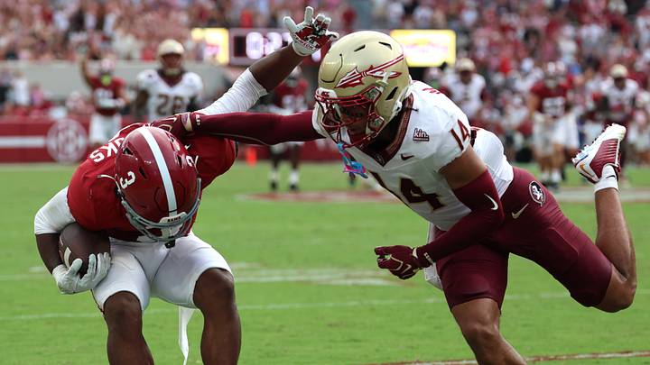 Sep 19, 2026; Tuscaloosa, Alabama, USA; Alabama Crimson Tide wide receiver Lotzeir Brooks (3) makes a catch against Florida State Seminoles defensive back Ma'Khi Jones (14) during the first half at Saban Field at Bryant-Denny Stadium. Mandatory Credit: David Leong-Imagn Images Sep 19, 2026; Tuscaloosa, Alabama, USA; Alabama Crimson Tide wide receiver Lotzeir Brooks (3) makes a catch against Florida State Seminoles defensive back Ma'Khi Jones (14) during the first half at Saban Field at Bryant-Denny Stadium. Mandatory Credit: David Leong-Imagn Images