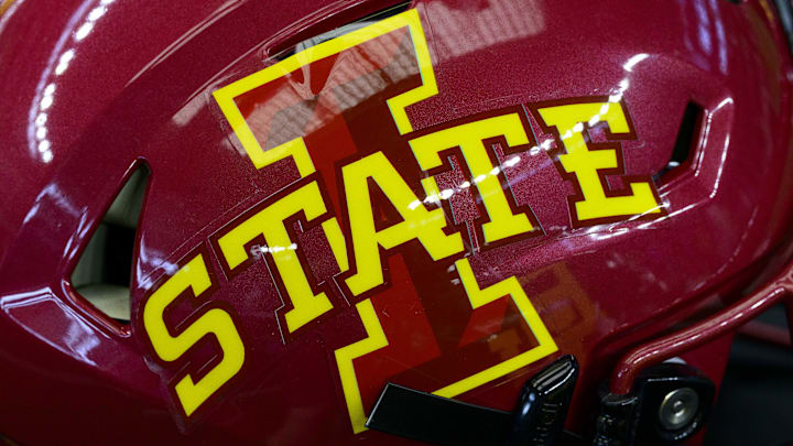 Jul 14, 2022; Arlington, TX, USA; A view of the Iowa State Cyclones helmet logo during the Big 12 Media Day at AT&T Stadium. 