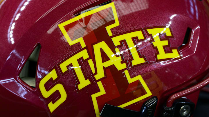 Jul 14, 2022; Arlington, TX, USA; A view of the Iowa State Cyclones helmet logo during the Big 12 Media Day at AT&T Stadium. 