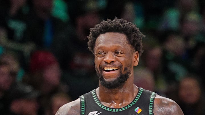 Feb 9, 2026; Minneapolis, Minnesota, USA; Minnesota Timberwolves forward Julius Randle (30) and guard Anthony Edwards (5) laugh after a timeout against the Atlanta Hawks in the fourth quarter at Target Center. Mandatory Credit: Brad Rempel-Imagn Images Feb 9, 2026; Minneapolis, Minnesota, USA; Minnesota Timberwolves forward Julius Randle (30) and guard Anthony Edwards (5) laugh after a timeout against the Atlanta Hawks in the fourth quarter at Target Center. Mandatory Credit: Brad Rempel-Imagn Images