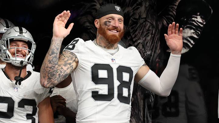 Las Vegas Raiders defensive end Maxx Crosby waits to take the field before a game against the Houston Texans at Reliant Stadium. Las Vegas Raiders defensive end Maxx Crosby waits to take the field before a game against the Houston Texans at Reliant Stadium.