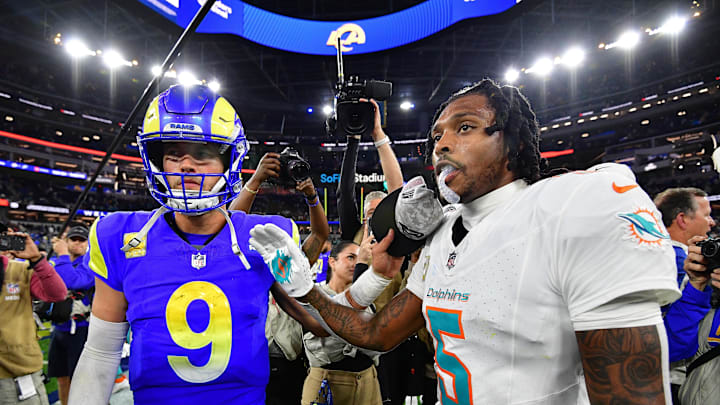Nov 11, 2024; Inglewood, California, USA; Los Angeles Rams quarterback Matthew Stafford (9) meets with Miami Dolphins cornerback Jalen Ramsey (5) following the game at SoFi Stadium. Mandatory Credit: Gary A. Vasquez-Imagn Images Nov 11, 2024; Inglewood, California, USA; Los Angeles Rams quarterback Matthew Stafford (9) meets with Miami Dolphins cornerback Jalen Ramsey (5) following the game at SoFi Stadium. Mandatory Credit: Gary A. Vasquez-Imagn Images