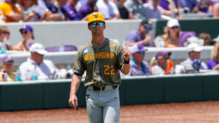 West Virginia Head Coach Steve Sabins as The LSU Tigers take on the West Virginia Mountaineers in game 1 of the 2025 NCAA Div 1 Super Regional Baseball Championship at Alex Box Stadium in Baton Rouge, LA. Saturday, June 7, 2025.