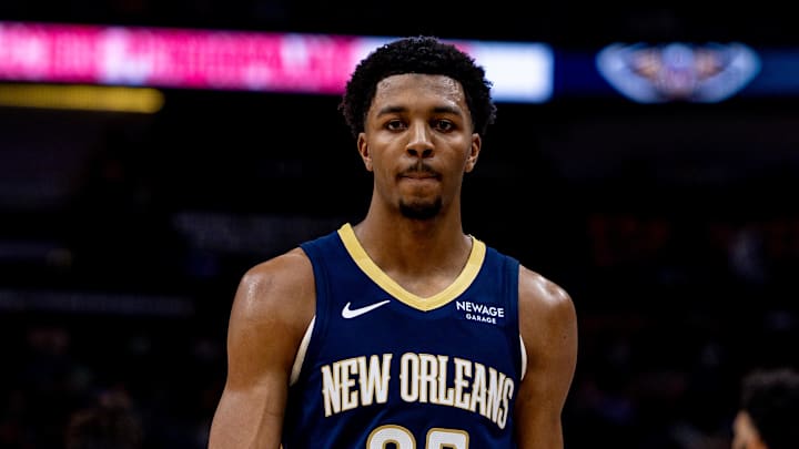 Feb 23, 2025; New Orleans, Louisiana, USA; New Orleans Pelicans guard Trey Murphy III (25) looks on against the San Antonio Spurs during the first half at Smoothie King Center. Mandatory Credit: Stephen Lew-Imagn Images Feb 23, 2025; New Orleans, Louisiana, USA; New Orleans Pelicans guard Trey Murphy III (25) looks on against the San Antonio Spurs during the first half at Smoothie King Center. Mandatory Credit: Stephen Lew-Imagn Images