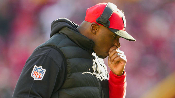 Dec 21, 2024; Kansas City, Missouri, USA; Houston Texans head coach DeMeco Ryans reacts after an injury to wide receiver Tank Dell (not pictured) during the second half against the Kansas City Chiefs at GEHA Field at Arrowhead Stadium. Mandatory Credit: Jay Biggerstaff-Imagn Images Dec 21, 2024; Kansas City, Missouri, USA; Houston Texans head coach DeMeco Ryans reacts after an injury to wide receiver Tank Dell (not pictured) during the second half against the Kansas City Chiefs at GEHA Field at Arrowhead Stadium. Mandatory Credit: Jay Biggerstaff-Imagn Images