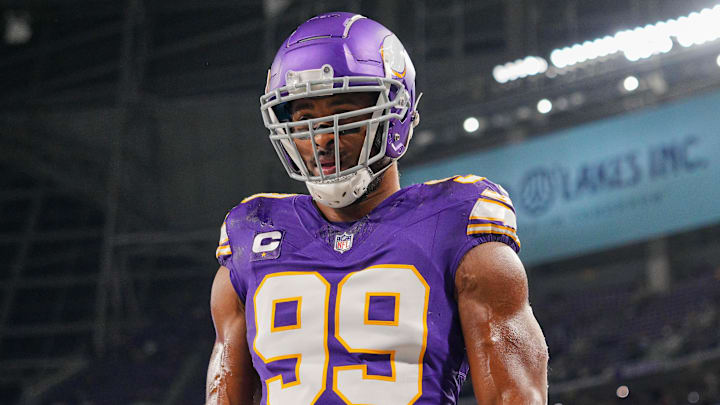 Nov 27, 2023; Minneapolis, Minnesota, USA; Minnesota Vikings linebacker Danielle Hunter (99) warms up before the game against the Chicago Bears at U.S. Bank Stadium. Mandatory Credit: Brad Rempel-USA TODAY Sports