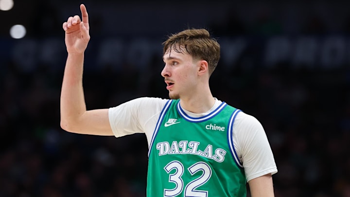 Jan 29, 2026; Dallas, Texas, USA;  Dallas Mavericks forward Cooper Flagg (32) reacts during the second half against the Charlotte Hornets at American Airlines Center. Mandatory Credit: Kevin Jairaj-Imagn Images