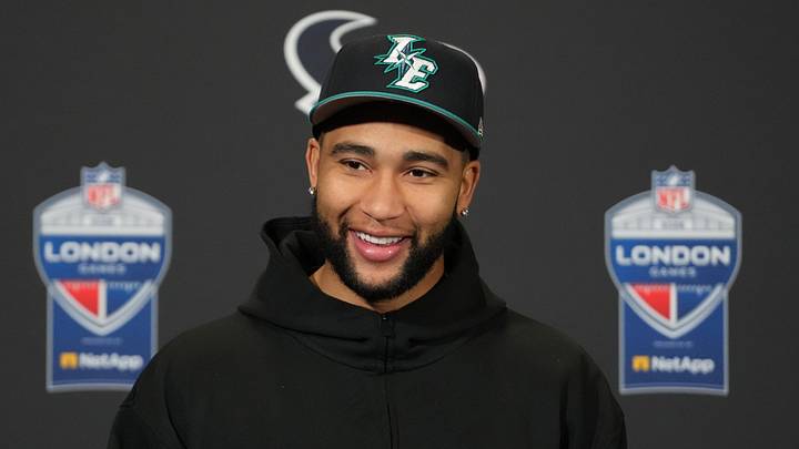 Oct 18, 2026; London, United Kingdom; Houston Texans quarterback C.J. Stroud (7) at press conference during the 2026 NFL London Games at Wembley Stadium. Mandatory Credit: Kirby Lee-Imagn Images